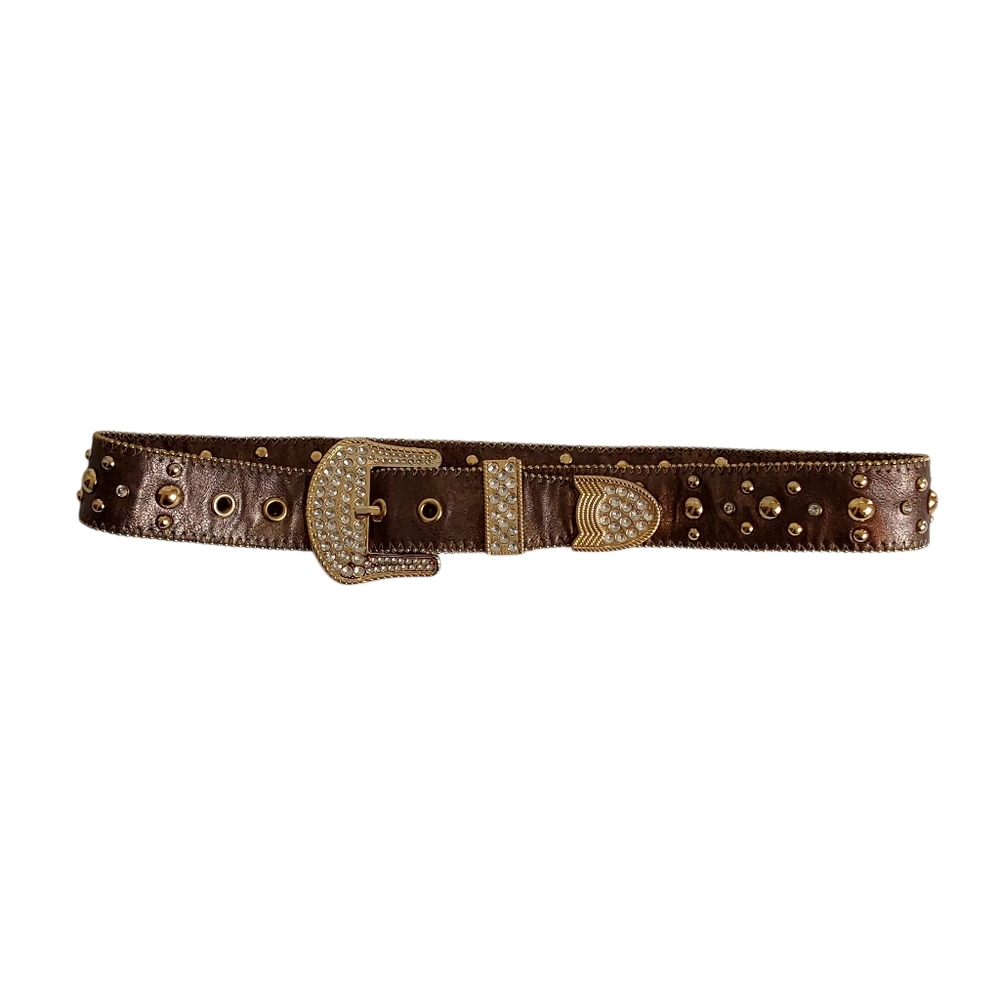 Rhinestone Western Cowgirl Belt Gold Studded Bling Buckle 36" Waist